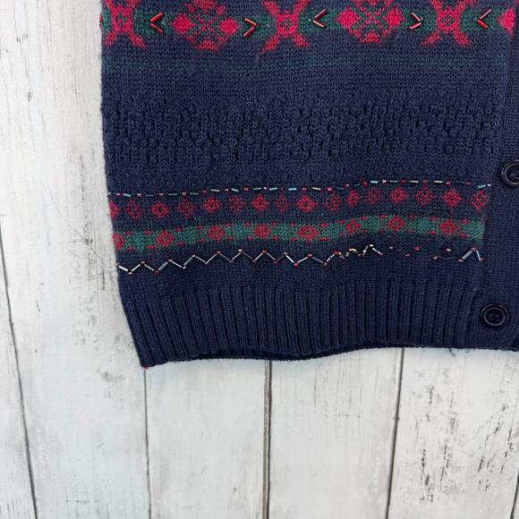 VTG JH Collectibles Blue Wool Fair Isle Beaded Button-Up Sweater Vest Size Large - Picture 4 of 13